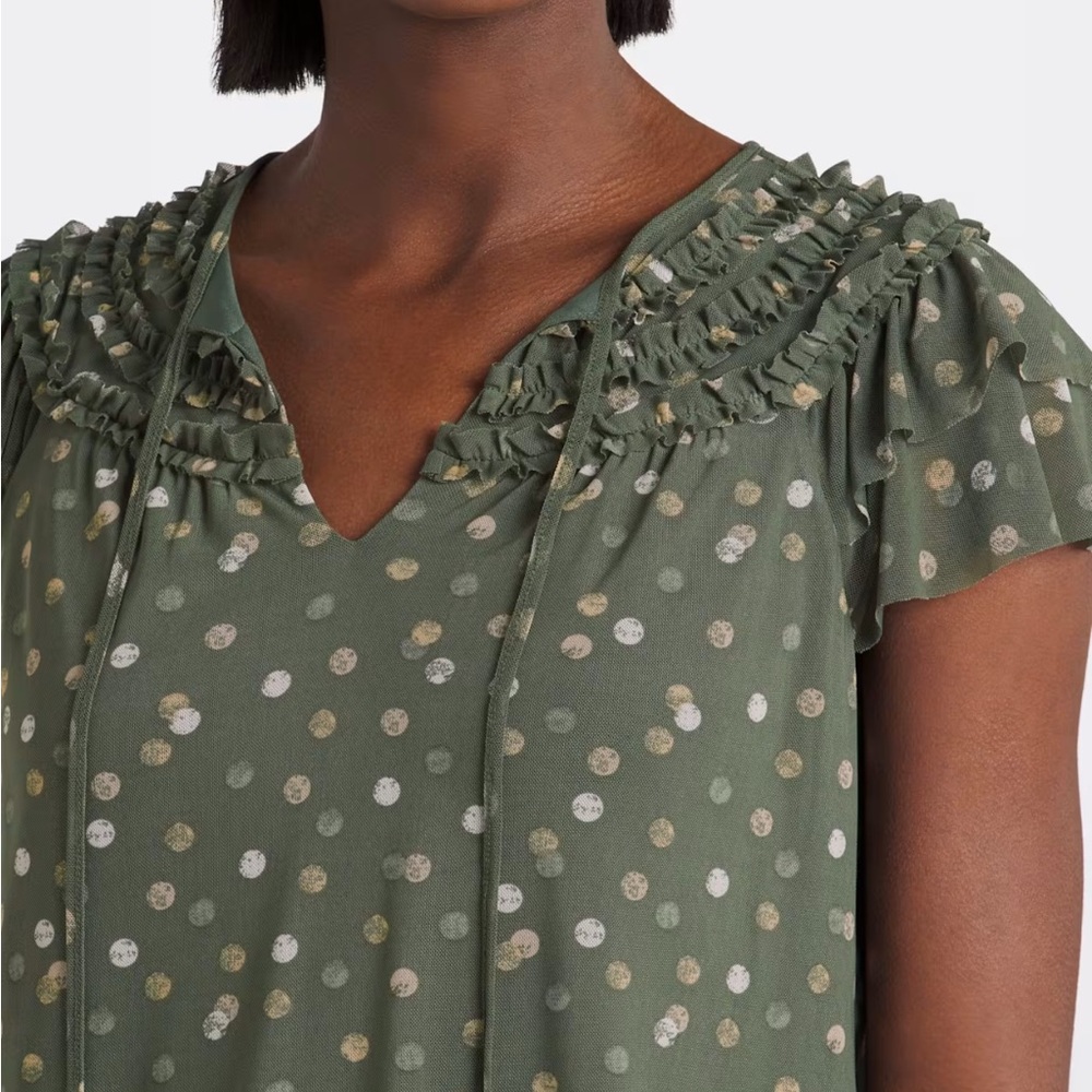 Green Ruched Ruffled Blouse - Picture 3 of 6